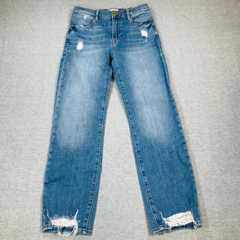 Frame Women's 27 Le High Straight Blue Jeans Frayed Distressed Cotton Stretch K